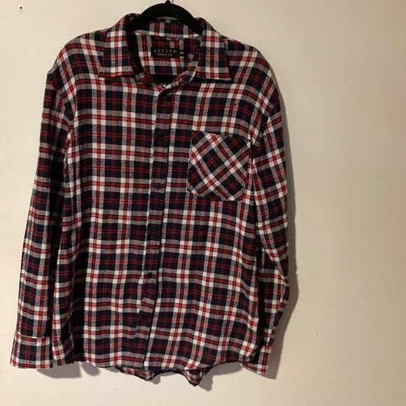 Flannel navy and red plaid. Tried on once. - Picture 1 of 3